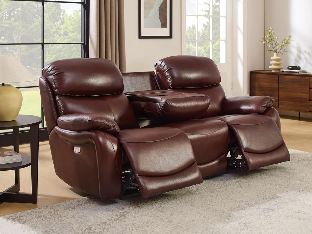 Brown Top Grain Leather Power Recliner Sofa Couch Set with USB Port.