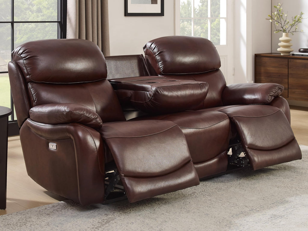 Brown Top Grain Leather Power Recliner Sofa Couch Set with USB Port.