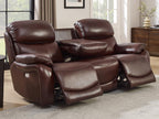 Brown Top Grain Leather Power Recliner Sofa Couch Set with USB Port.