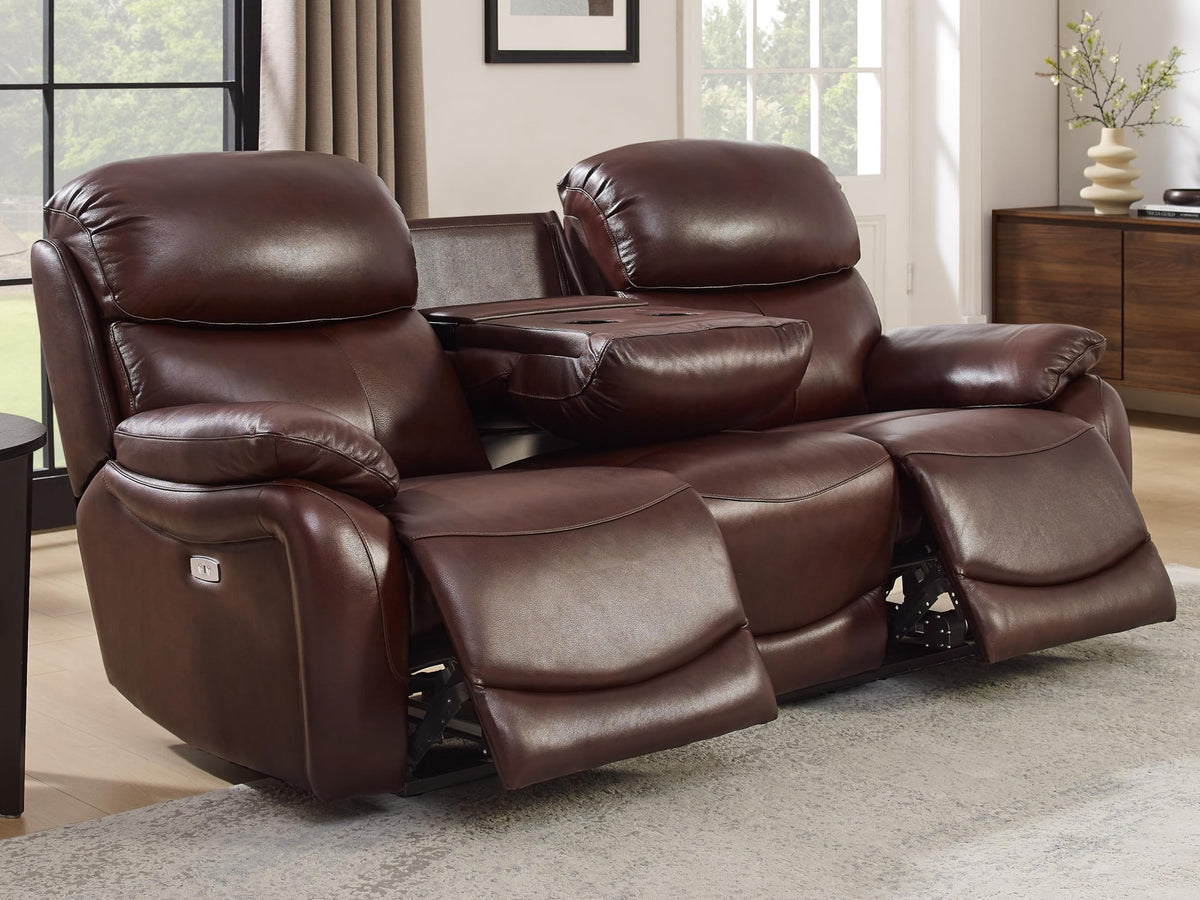 Brown Top Grain Leather Power Recliner Sofa Couch Set with USB Port.